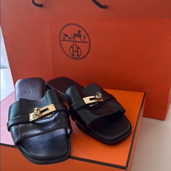 Hermes Giulia Black Slide Sandals with Gold Clasp - Picture 13 of 13